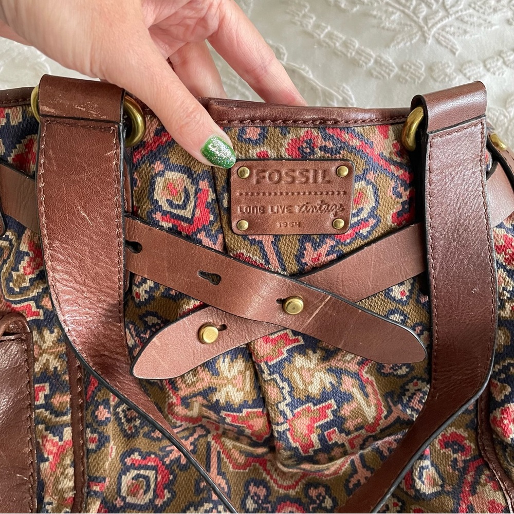 Fossil Bag, Fossil Long Live Vintage Bag, Leather & Tapestry Bag, Aztec Design - Picture 5 of 10
